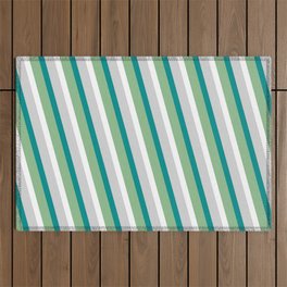 [ Thumbnail: Dark Cyan, Dark Sea Green, White, and Light Gray Colored Lined/Striped Pattern Outdoor Rug ]