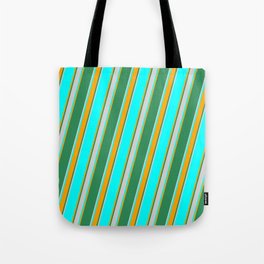 [ Thumbnail: Cyan, Orange, Sea Green, and Light Grey Colored Lined Pattern Tote Bag ]