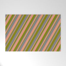 [ Thumbnail: Grey, Dark Salmon & Green Colored Stripes/Lines Pattern Welcome Mat ]