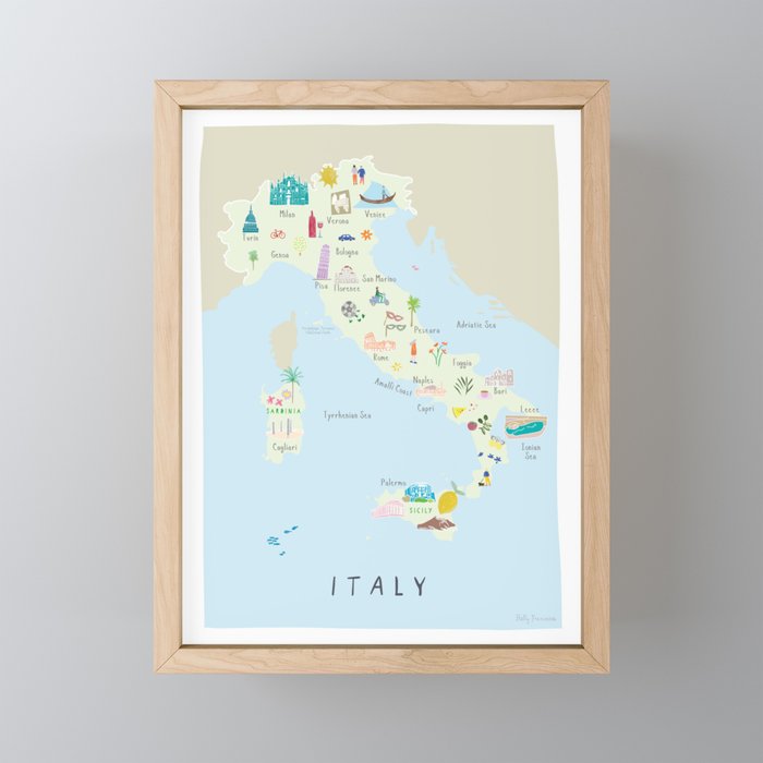 Illustrated Map of Italy Framed Mini Art Print