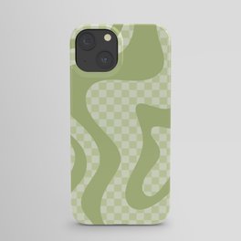 Retro Liquid Swirl Square Check Pattern in Light Sage Green iPhone Case