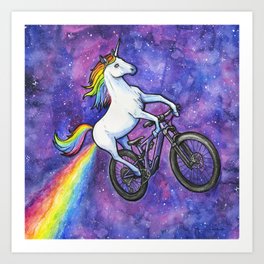 Rainbow Unicorn in Space on Bike Art Print