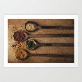 Spoons filled with spices Art Print