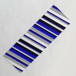 [ Thumbnail: Blue, Dark Grey, White, and Black Colored Stripes/Lines Pattern Yoga Mat ]