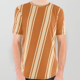 [ Thumbnail: Chocolate & Beige Colored Lined/Striped Pattern All Over Graphic Tee ]
