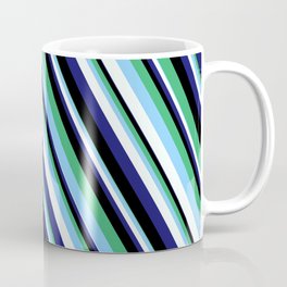 [ Thumbnail: Eye-catching Sea Green, Light Sky Blue, Mint Cream, Midnight Blue, and Black Colored Lined Pattern Coffee Mug ]