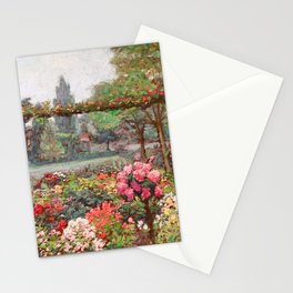 Un jardin d'ete flower garden with Cathedral - post impressionist flowers landscape oil by Octave Guillonnet Stationery Card