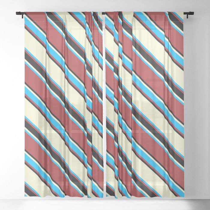 Light Yellow, Deep Sky Blue, Brown & Black Colored Lines/Stripes Pattern Sheer Curtain