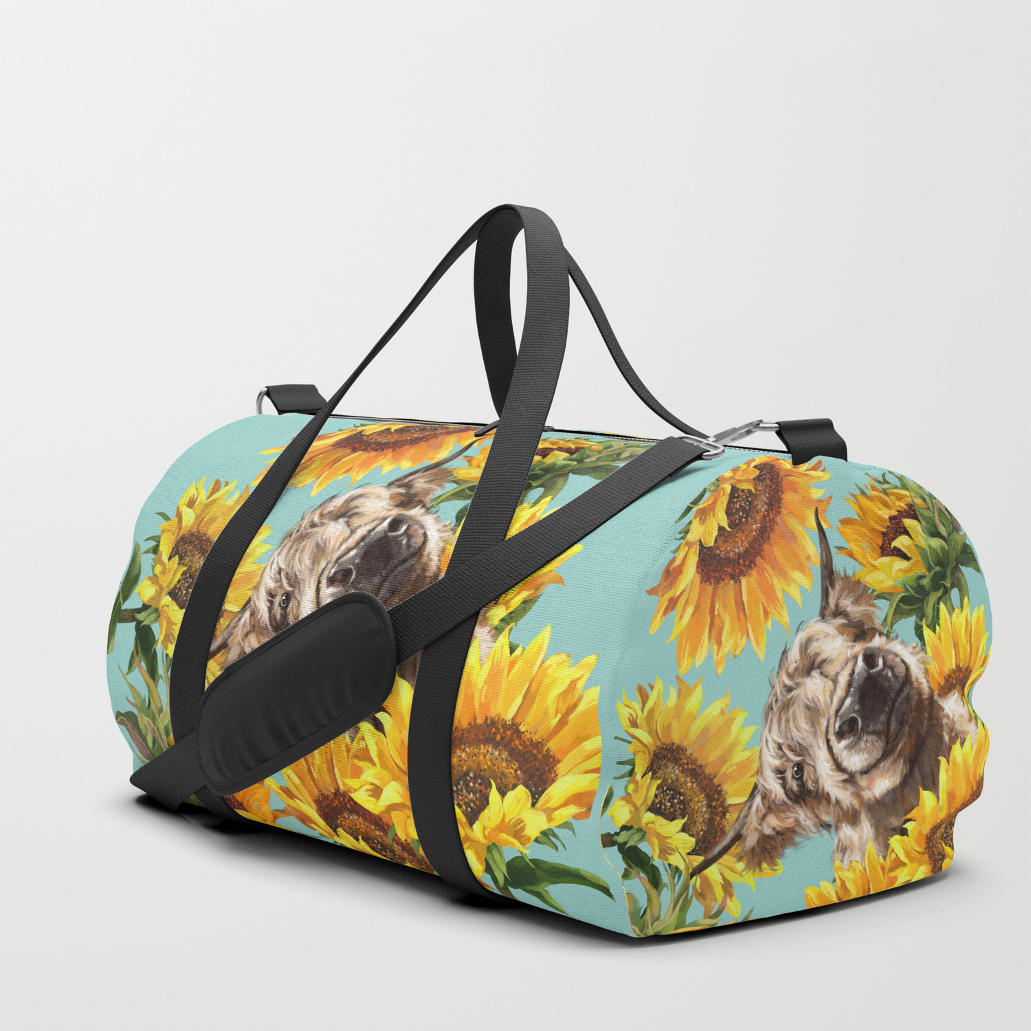 Highland Cow with Sunflowers in Blue Duffle Bag by Big Nose Work | Society6