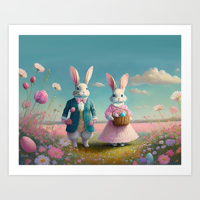 Elegant Vintage Easter bunny boy and girl IV Art Print