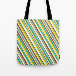 [ Thumbnail: Colorful Grey, Light Sea Green, Yellow, Light Cyan & Sienna Colored Pattern of Stripes Tote Bag ]