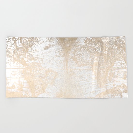 Antique White Gold World Map Beach Towel