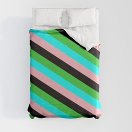 [ Thumbnail: Lime Green, Cyan, Light Pink & Black Colored Striped Pattern Duvet Cover ]
