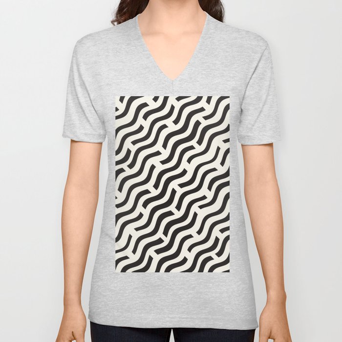 Black and White Wave Pattern V Neck T Shirt