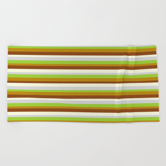 Eyecatching Light Grey, Green, Dark Goldenrod, Brown, and Beige Colored Lined Pattern Beach Towel