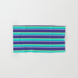 [ Thumbnail: Lavender, Dark Slate Blue, Green, Dark Turquoise & Dark Blue Colored Striped Pattern Hand & Bath Towel ]