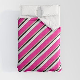 [ Thumbnail: Vibrant Green, Grey, Black, Mint Cream, and Deep Pink Colored Stripes Pattern Comforter ]