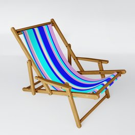 [ Thumbnail: Aqua, Beige, Plum & Blue Colored Lined Pattern Sling Chair ]