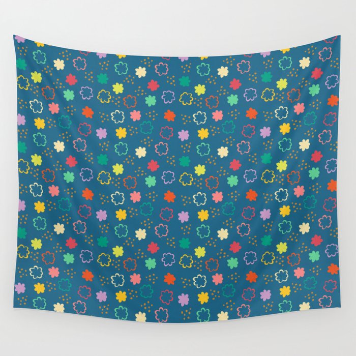 Cheerful Multicolored Flowers on Blue Field Wall Tapestry