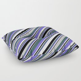 [ Thumbnail: Eyecatching Grey, Dark Slate Gray, Slate Blue, Lavender, and Black Colored Lines/Stripes Pattern Floor Pillow ]