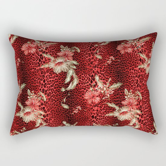 Wild Red Leopard and Flowers Rectangular Pillow