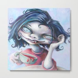 Z imagination Cup of Joe Metal Print | Girl, Whimsical, Popart, Illustration, Bigeye, Coffee, Blue, Oil, Vampire, Cute 