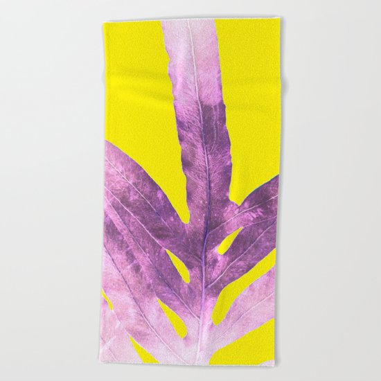 Green Fern on Bright Yellow Inverted Beach Towel