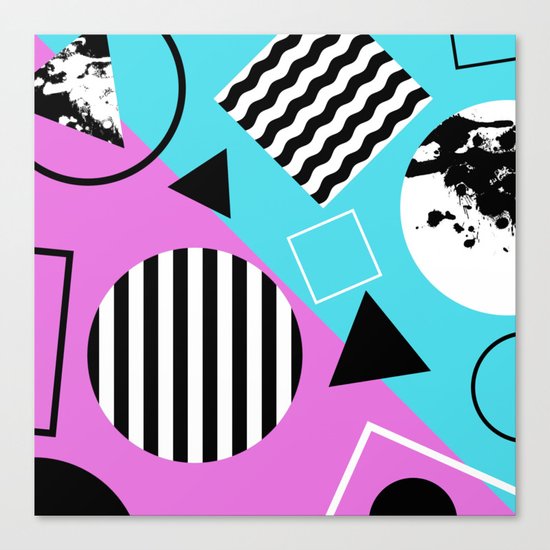 Stripes And Splats 1 - Wacky, Random, Abstract, Black And White Stripes, Blue and pink Artwork Canvas Print