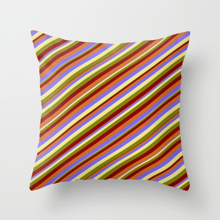 Eyecatching Medium Slate Blue, Tan, Green, Dark Red & Chocolate Colored Striped/Lined Pattern Throw Pillow