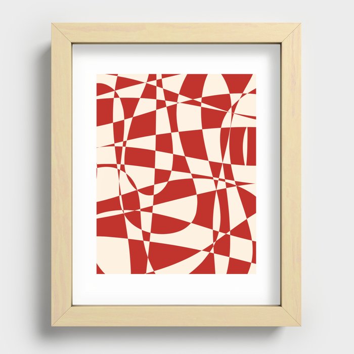 Deconstructed Harlequin Midcentury Modern Abstract Pattern in Retro Red and Almond Cream Recessed Framed Print