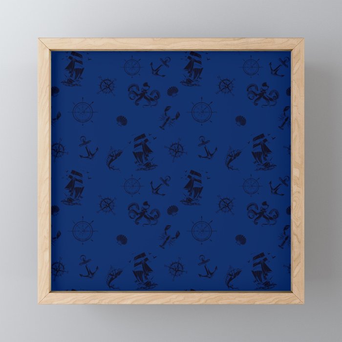Monochrome Blue Silhouettes Of Vintage Nautical Pattern Framed Mini Art Print