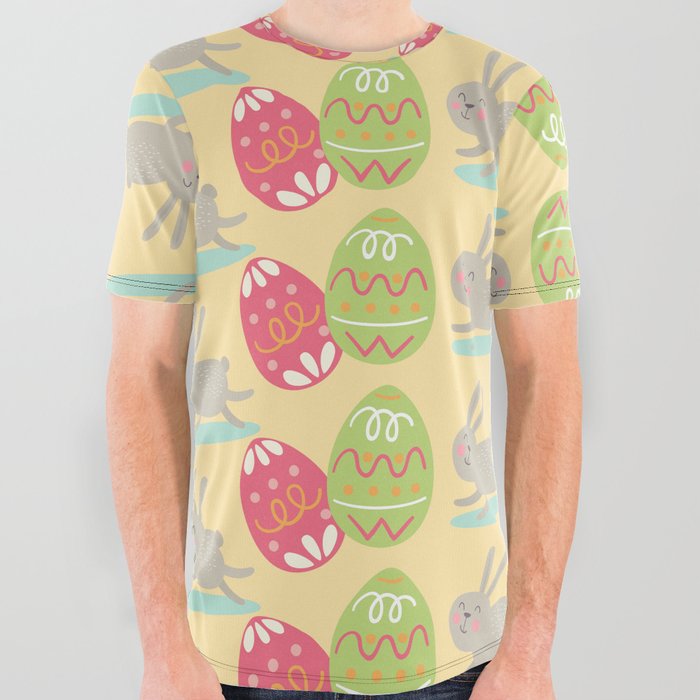 Colorful Pastel Easter Egg Rabbit Pattern All Over Graphic Tee