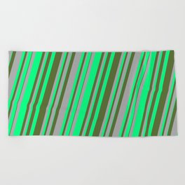 [ Thumbnail: Dark Grey, Green & Dark Olive Green Colored Lines/Stripes Pattern Beach Towel ]