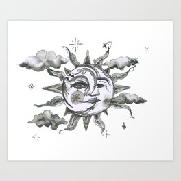 "Tarot style" sun and moon with white background Art Print