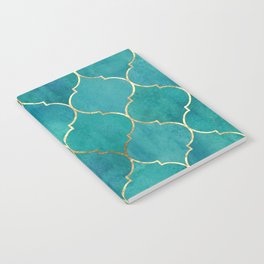 Turquoise Teal Golden Moroccan Quatrefoil Pattern II Notebook