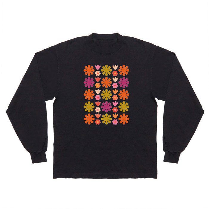 Scandi Floral Grid Retro 60s 70s Flower Pattern Purple Orange Lime Long Sleeve T Shirt