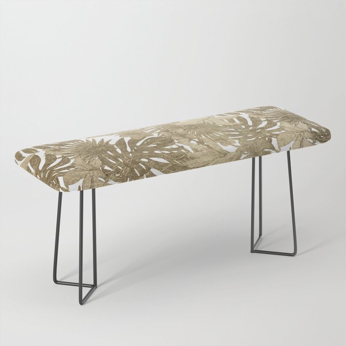 Summer chic white gold tropical foliage floral illustration Bench