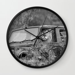 Baby, you can drive my car; lion out for a drive in a Cherokee funny black and white photograph - photography - photographs by Tambako the Jaguar Wall Clock