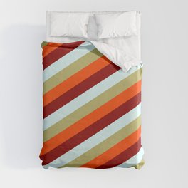 [ Thumbnail: Dark Khaki, Red, Dark Red, and Light Cyan Colored Lines Pattern Duvet Cover ]