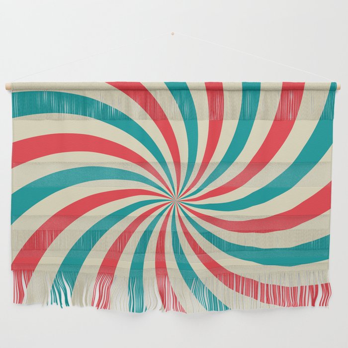 Retro background with curved, rays or stripes in the center. Rotating, spiral stripes. Sunburst or sun burst retro background. Turquoise and red colors. Vintage illustration Wall Hanging