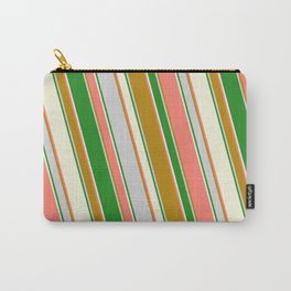 [ Thumbnail: Salmon, Dark Goldenrod, Light Grey, Forest Green, and Beige Colored Striped/Lined Pattern Carry-All Pouch ]