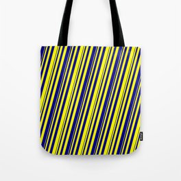 [ Thumbnail: Yellow and Dark Blue Colored Striped Pattern Tote Bag ]