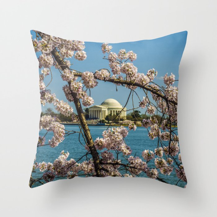 Cherry Blossoms over Jefferson Memorial Throw Pillow