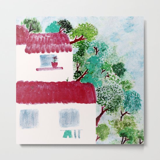 Village houses in the woods watercolor Metal Print