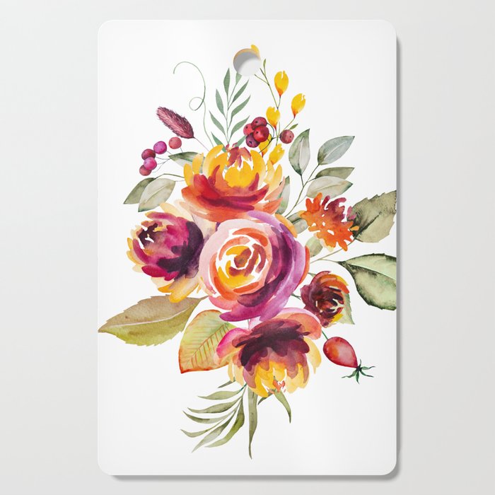 Watercolor autumn bouquet made of flowers and leaves isolated Cutting Board