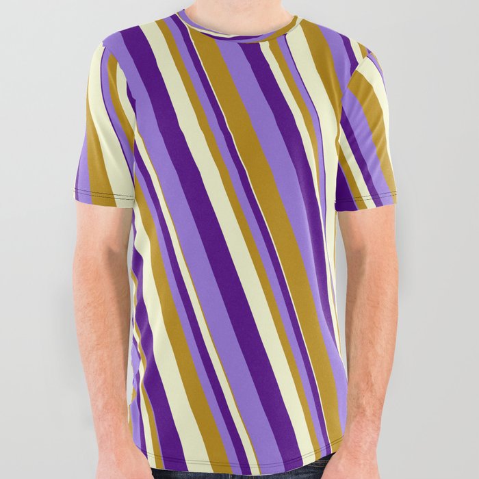 Indigo, Purple, Dark Goldenrod & Light Yellow Colored Lined Pattern All Over Graphic Tee