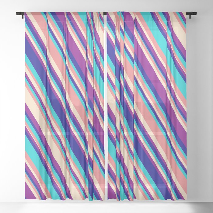 Light Coral, Bisque, Purple, Dark Blue, and Dark Turquoise Colored Lined/Striped Pattern Sheer Curtain