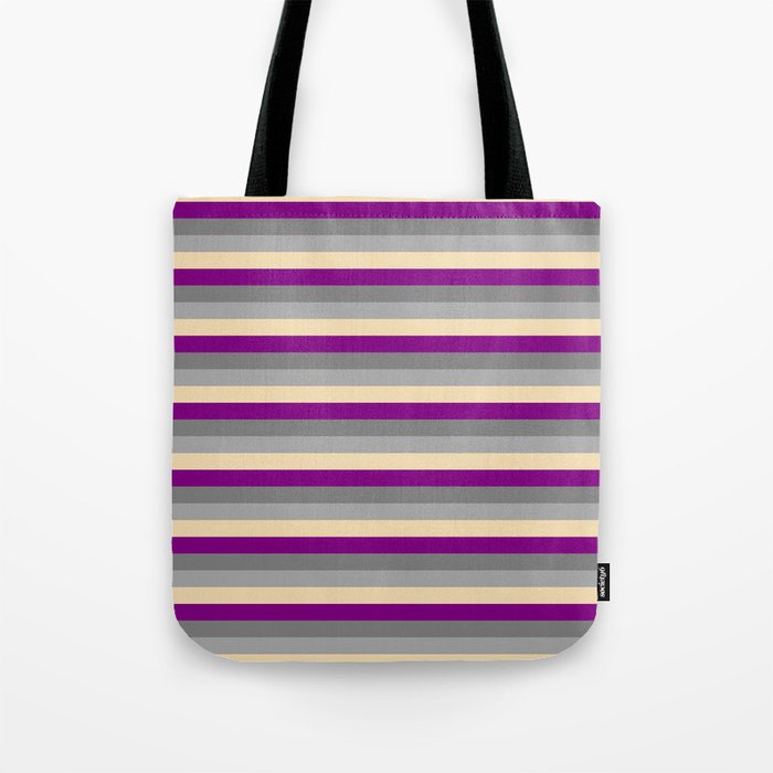 Purple, Gray, Dark Grey, and Tan Colored Lined Pattern Tote Bag