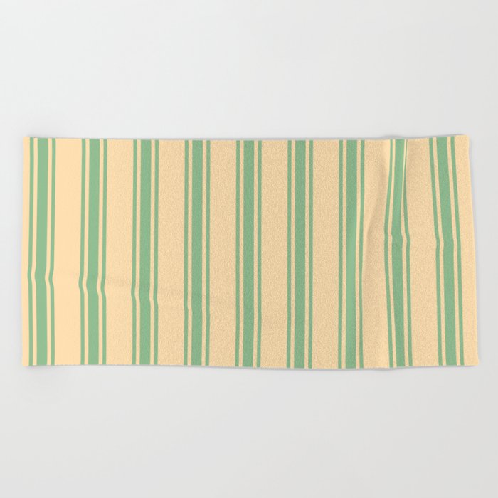 Tan and Dark Sea Green Colored Lined Pattern Beach Towel