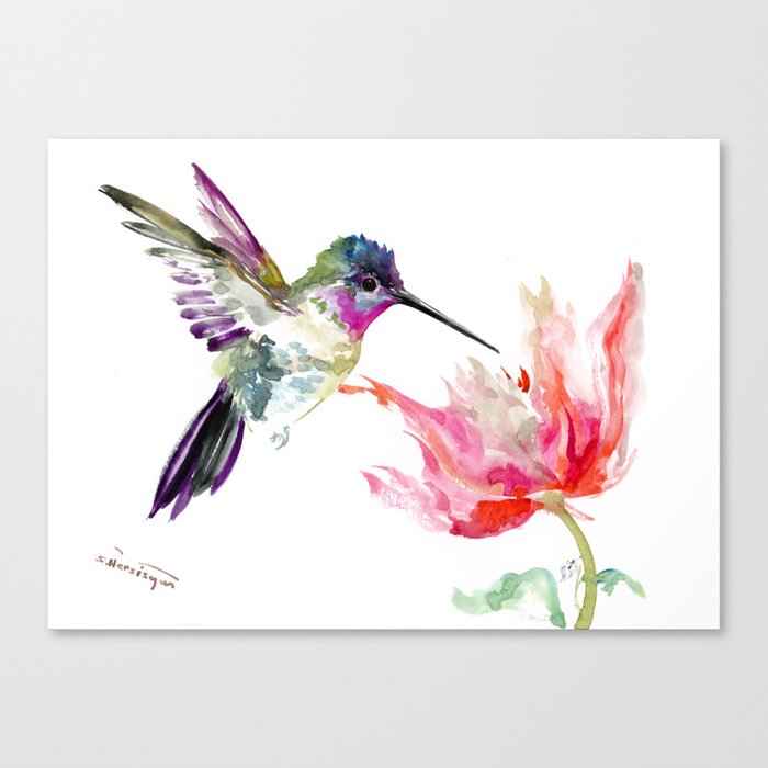 Little Hummingbird And Pink Flower Bird Art Minimalist Bird